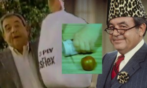 TB PHOTO ILLUSTRATION: Tom Bosley with Glad trash bag, Ginsu knife cutting beer can, Mr. C's fez